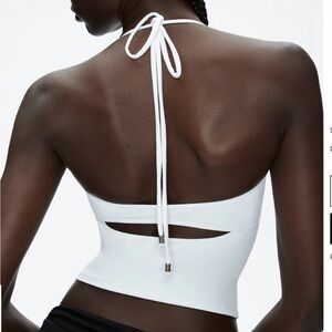 Tank air, milky open back halter top.
